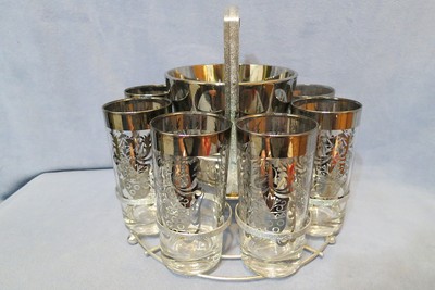 Vintage MCM Bar Set - Kimiko Crest 8 Glass Tumblers Ice Bucket Chrome Caddy