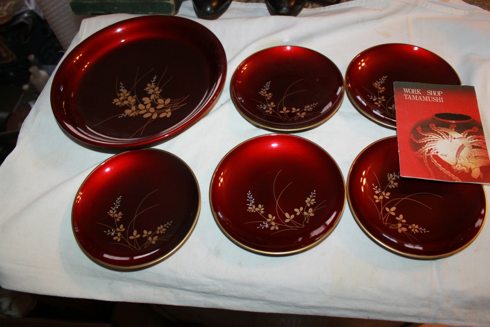 Japanese Vintage lacquer ware 6 Piece bowl set red black gold floral Tamamushi