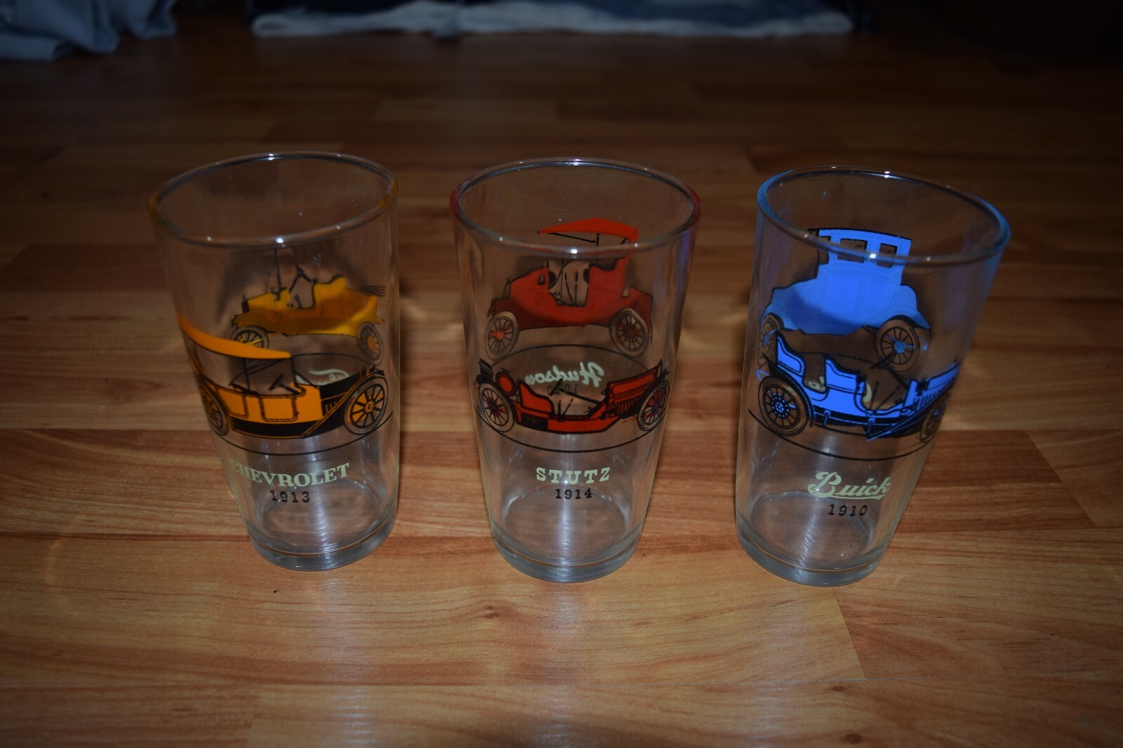 Set of 3 Old Timer's Autos Glass Tumblers - Hudson, Stutz, Oakland, Buick, Ford