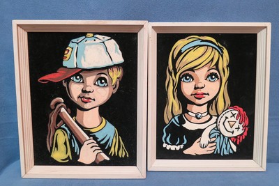 Vintage Velvet Pictures of a Boy w baseball bat & glove Girl w Raggedy Ann Doll