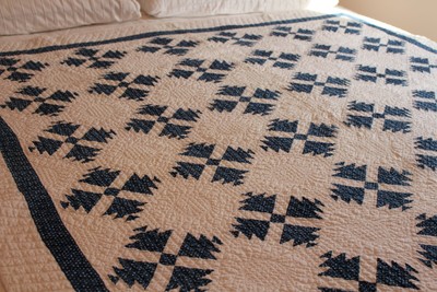 68x68 Large Handmade Denim and Cotton Floral Quilt with metallic accents