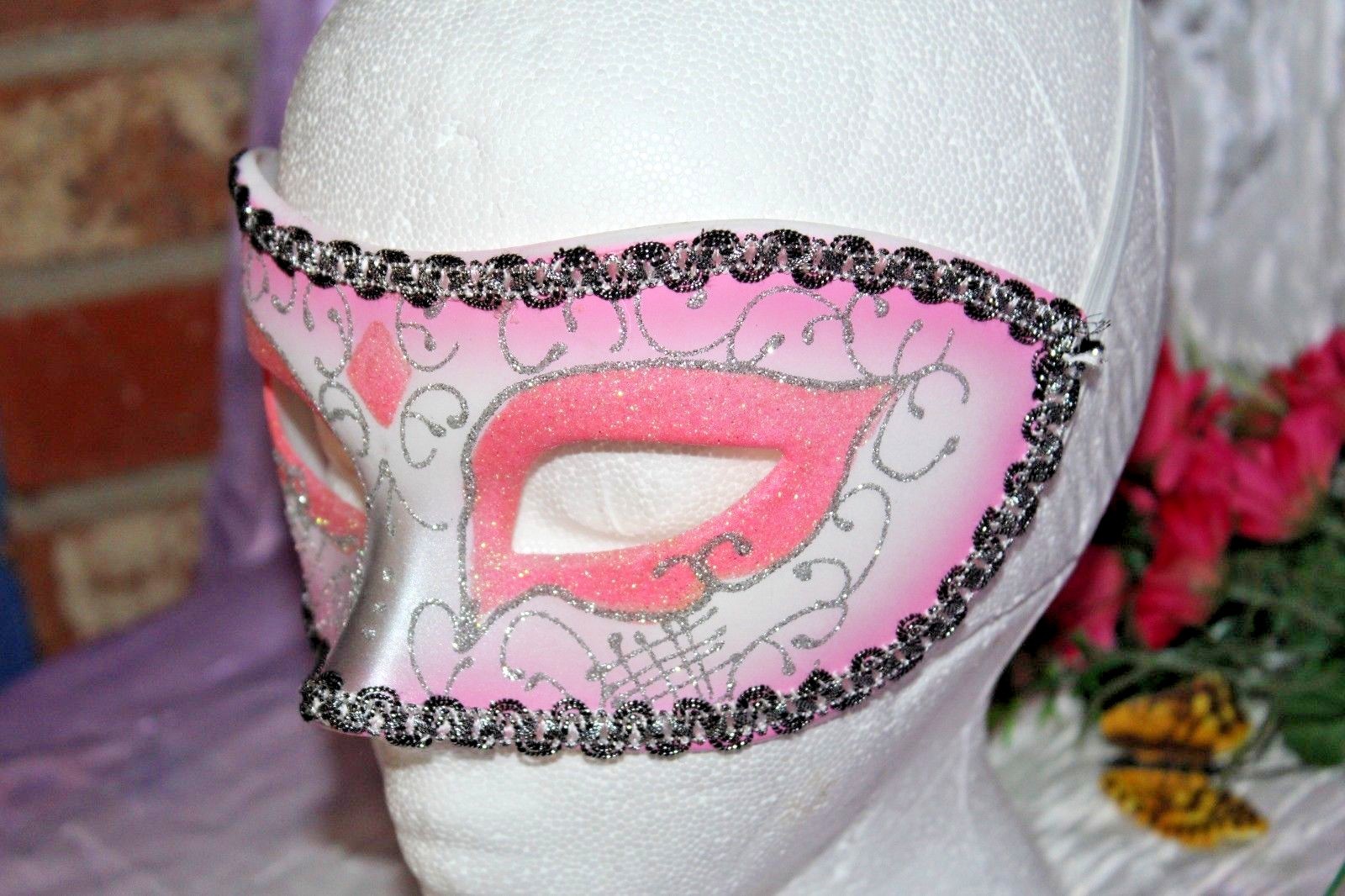 Pink Black Silver Venetian Mask Masquerade Glitter Mardi Gras Wedding Prom~P0