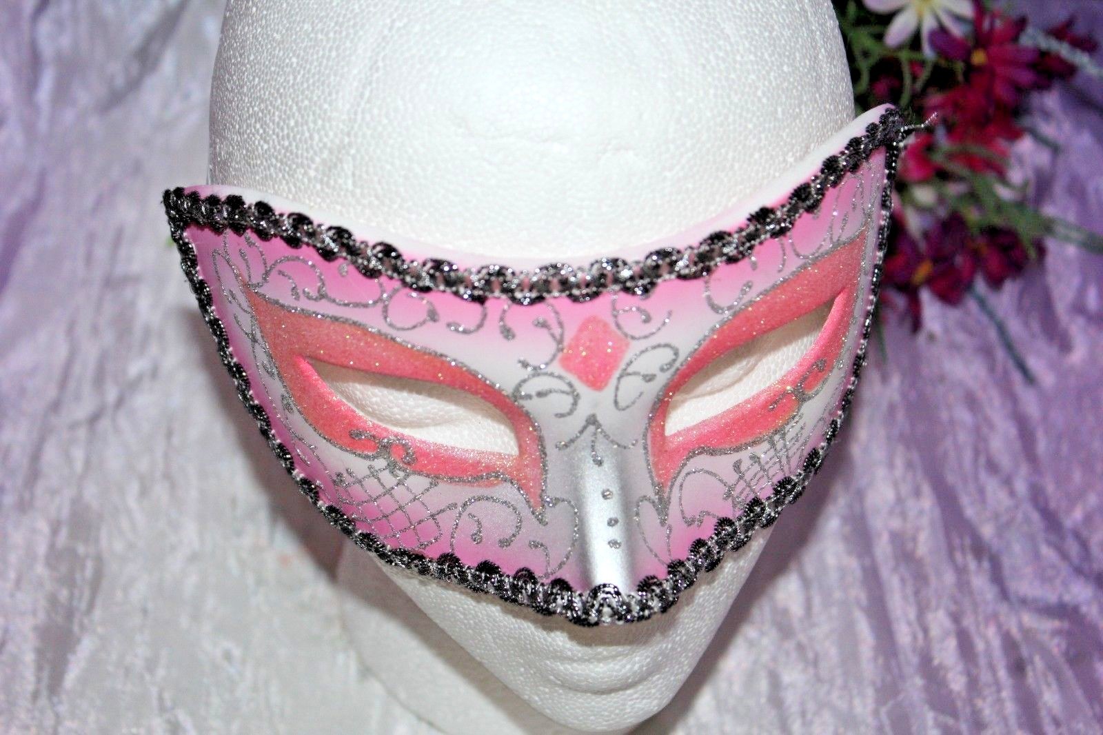 Pink Black Silver Venetian Mask Masquerade Glitter Mardi Gras Wedding Prom~P0