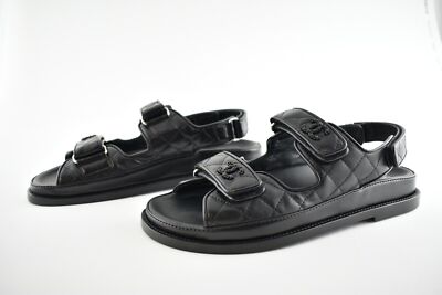 Pre-owned Chanel Black Leather Quilted Chain Cc Logo Mule Slide Strap Flat Dad Sandal 38.5