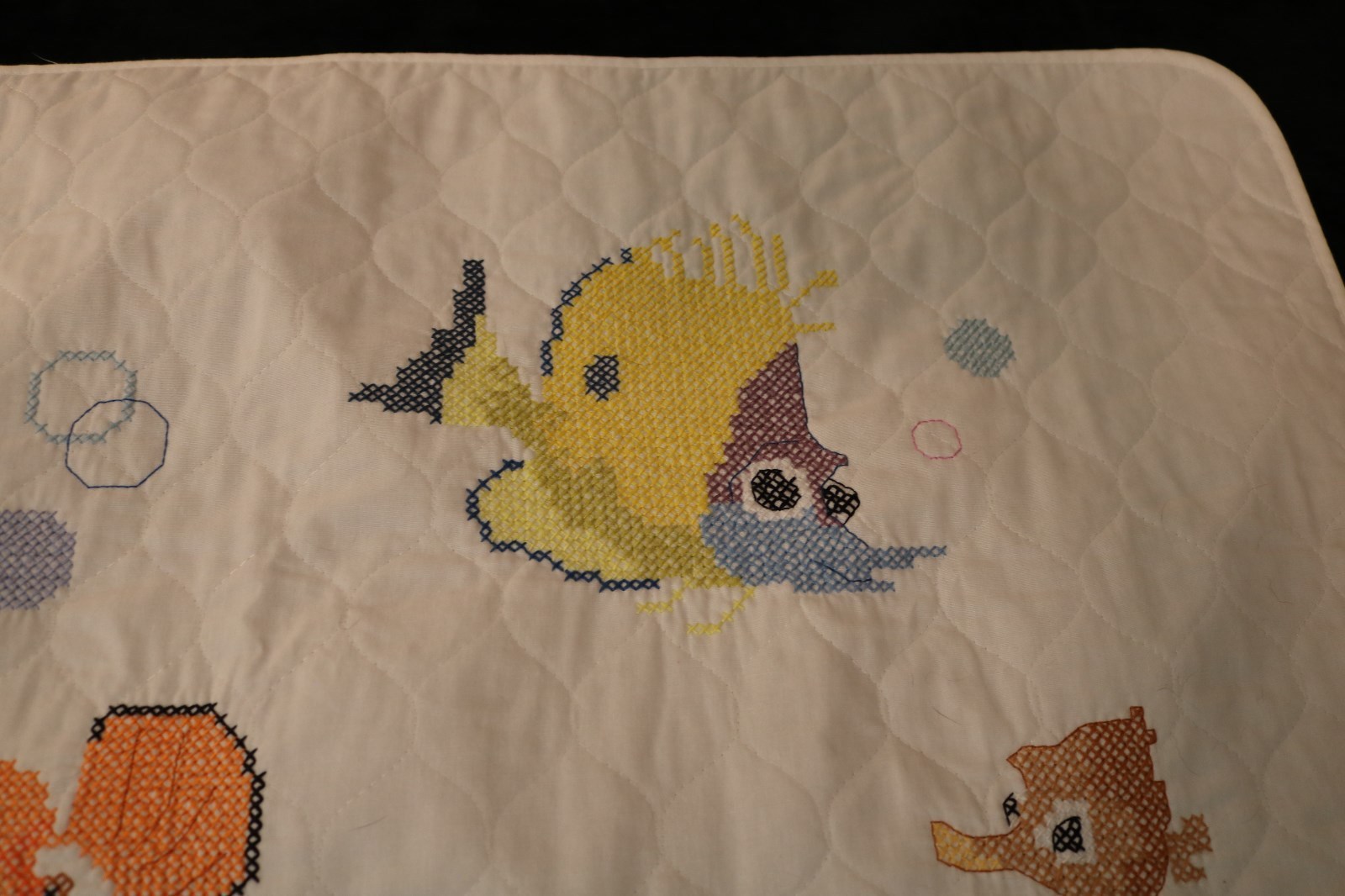 Nemo & Dory Baby Crib Quilted Coverlet Hand Stitched Cross Stitch Design NEW