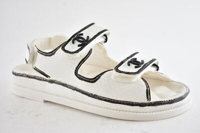 Pre-owned Chanel 22c White Black Graffiti Cc Logo Mule Slide Strap Flat Dad Sandal 39.5
