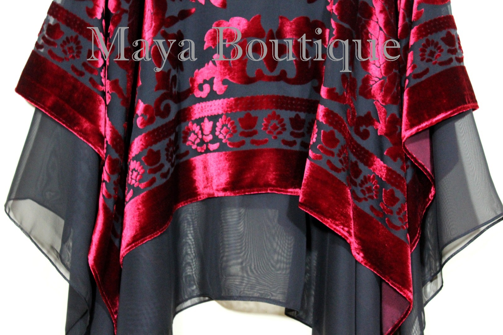 Pre-owned Maya Matazaro Maya Hand Dyed Layered Poncho Top Red Black Burnout Velvet & Chiffon Made In Usa