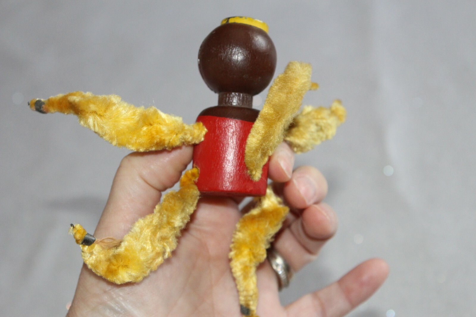 FABULOUS ANTIQUE HAND PAINTED WOODEN MONKEY & CHENILLE ARMS LEGS + TAIL!