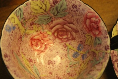 SHELLEY rose Swansea Lace Gainsborough shape green chintz TEA CUP SAUCER  11302