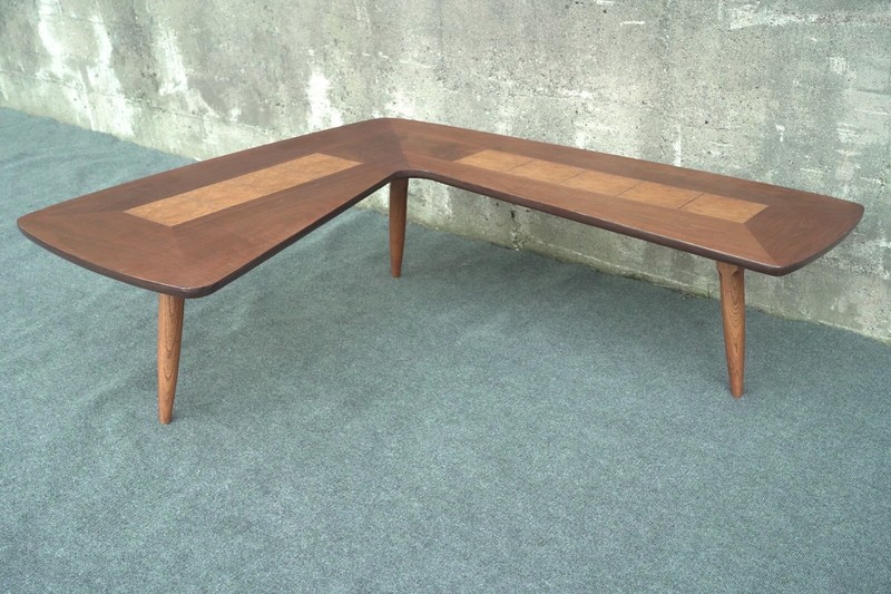 Mid Century Modern Lane Walnut & Burlwood Boomerang Coffee Table