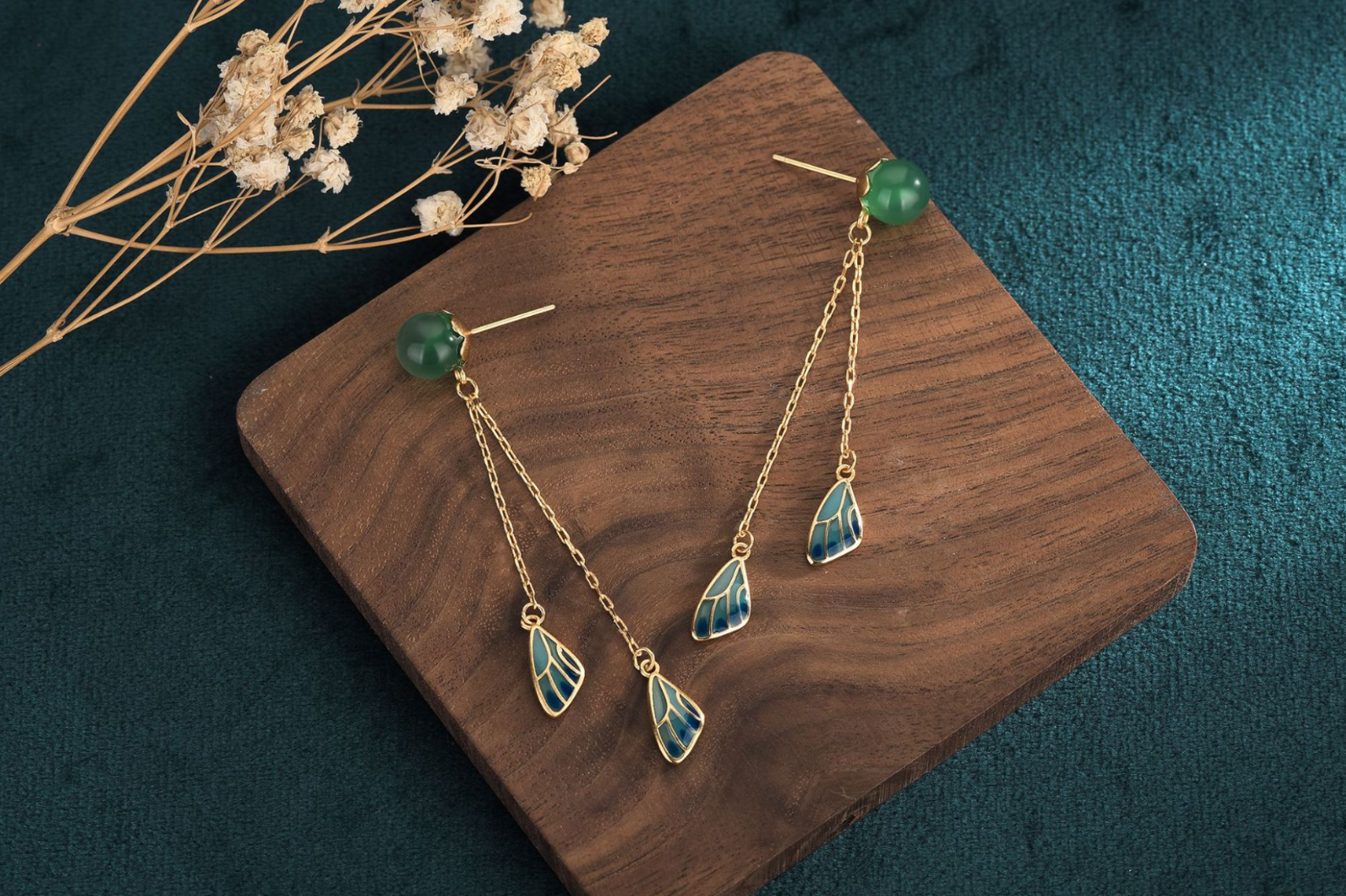 Jade Boho Drop Dangle Earrings Tassels Ear Stud 18K Gold Plated Wings Feather - Picture 5 of 7