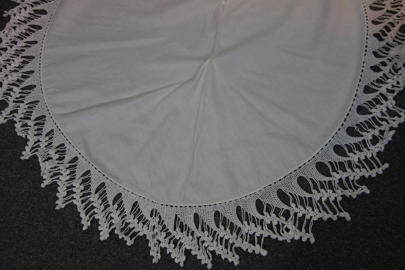 1920's Round Table Topper-Ornate Crocheted Trim-White Linen-49