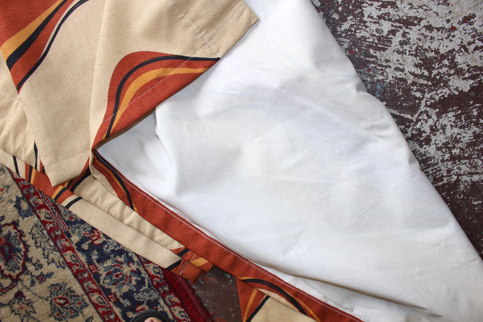 Two Mid-Century Modern Atomic Style Drapery Panels Curtains Fabric Barkcloth