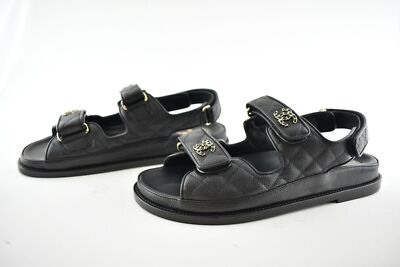 Pre-owned Chanel Rev Black Caviar Gold Cc Logo Mule Slide Strap Flat Teva Dad Sandal 38.5