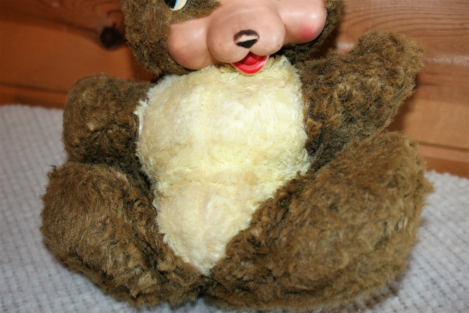 RARE ANTIQUE Vintage 10” Tall Rushton ? Teddy Bear Rubber Face Brown Tan M364