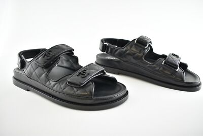 Pre-owned Chanel Black Leather Quilted Chain Cc Logo Mule Slide Strap Flat Dad Sandal 37.5
