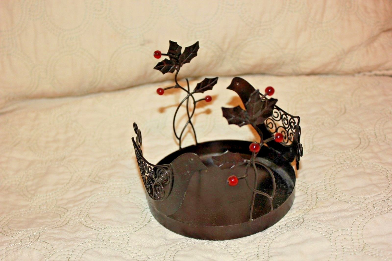 Pier 1 Candle Holder Pillar Christmas  Metal Bird Flower EUC   4.5