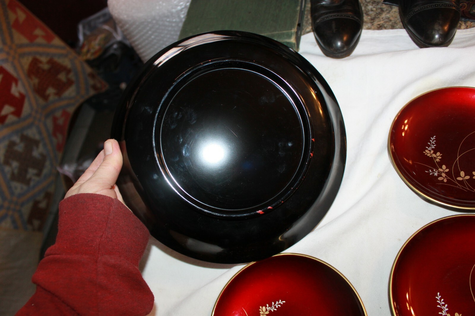 Japanese Vintage lacquer ware 6 Piece bowl set red black gold floral Tamamushi