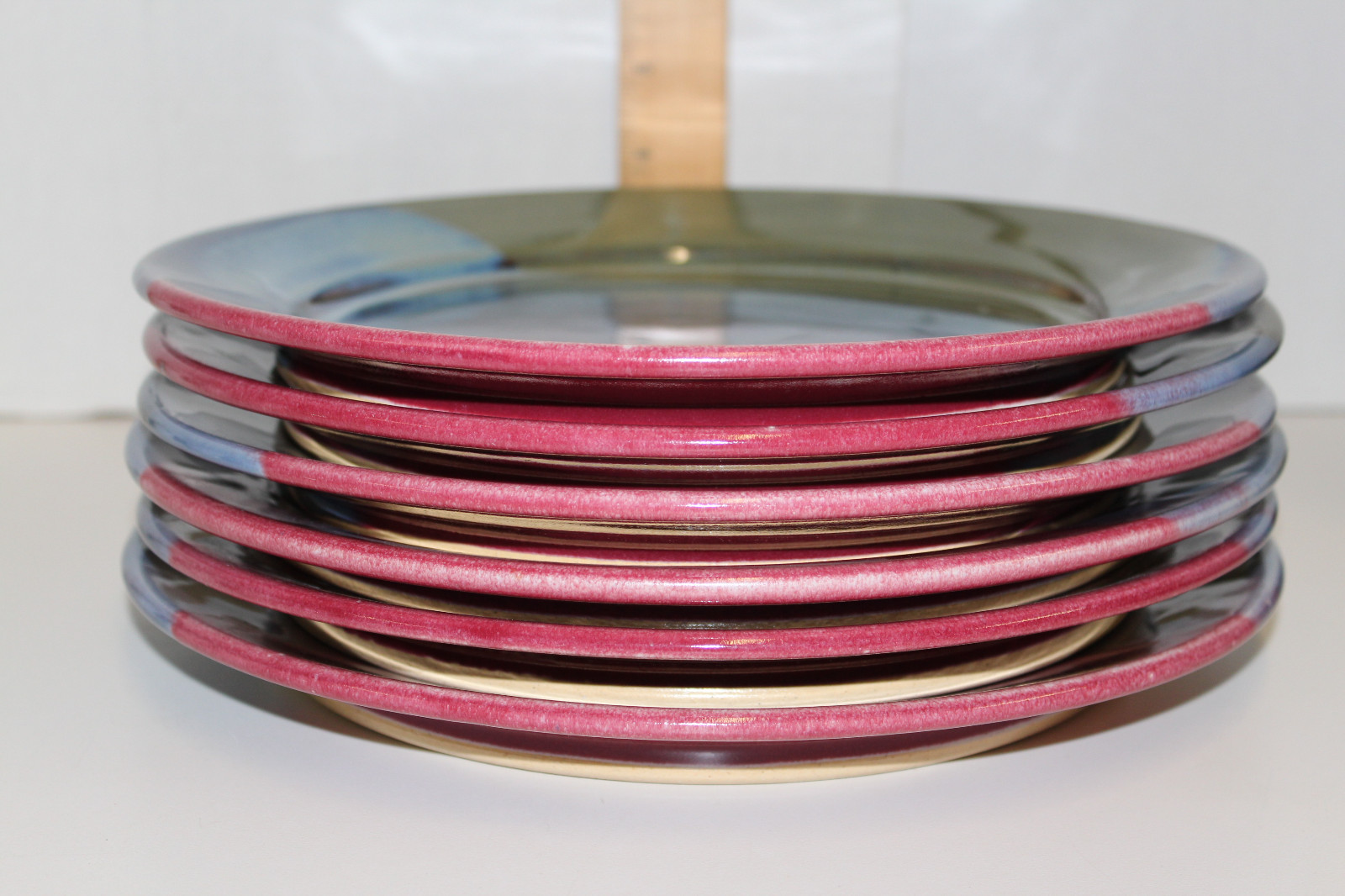 6 STUDIO POTTERY DINNER PLATES CADY CLAY WORKS NC HUNTER GLAZE MAROON BLUE GREEN