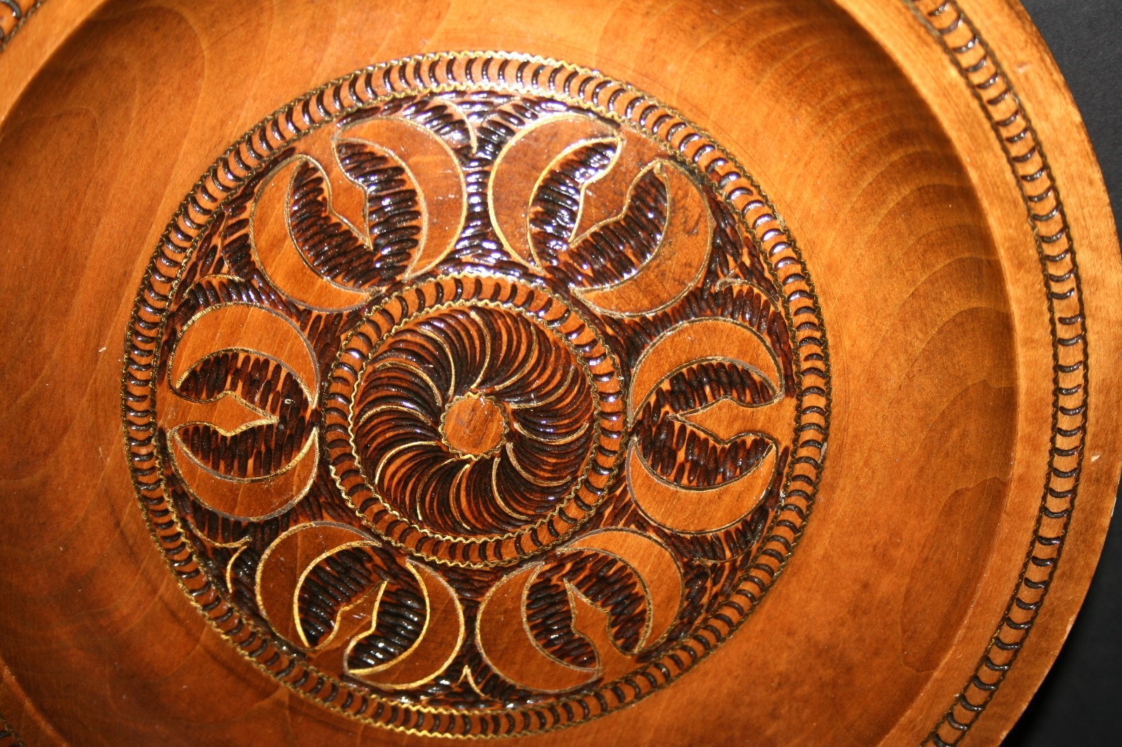 VTG Wooden Plate Inlaid Brass Carved Polish ? Poland ? Czechoslovakia Russian?