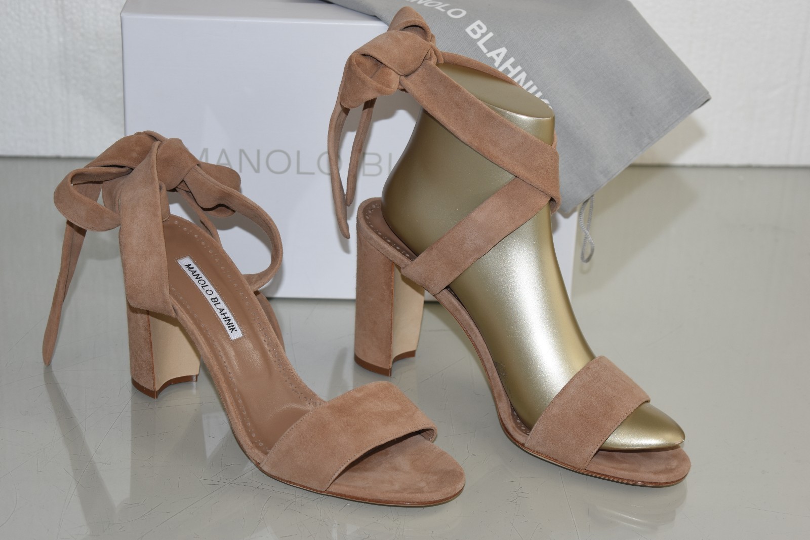 Pre-owned Manolo Blahnik $745  Tondalawrap 90 Sandals Suede Taupe Block Heel Shoes 40.5 In Beige