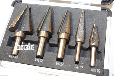 5pcs SAE Step Drill Bit Set HSS Cobalt Multiple Hole 50 Size (TRI-FLAT Shank)