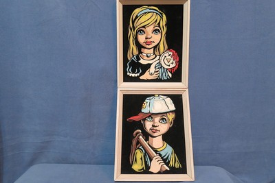 Vintage Velvet Pictures of a Boy w baseball bat & glove Girl w Raggedy Ann Doll