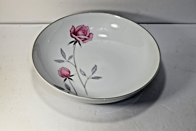 Nasco Belair Japan 9'' Round Vegetable Bowl Pink Rose Gray Leaves Brown Stem