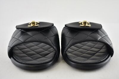 Pre-owned Chanel Rev Black Turnlock Quilted Gold Cc Logo Mules Slide Sandal Flop Flat 36.5