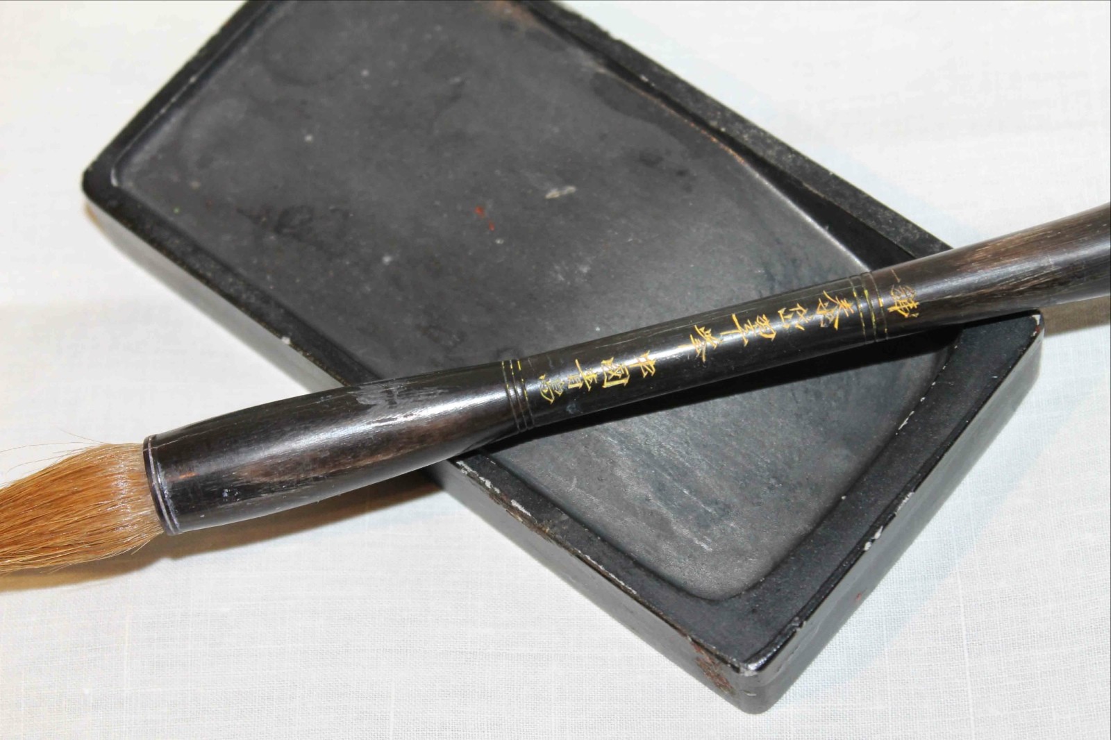 Antique JAPANESE Ink Stone & Wooden Brush, Signed 