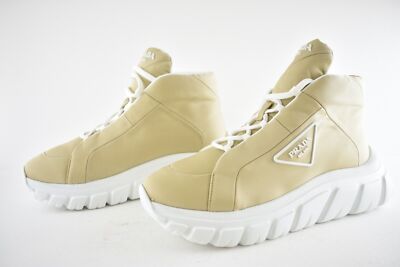Pre-owned Prada Rush Piuma Nylon Beige White Platform Flat High Top Trainer Sneaker 39.5