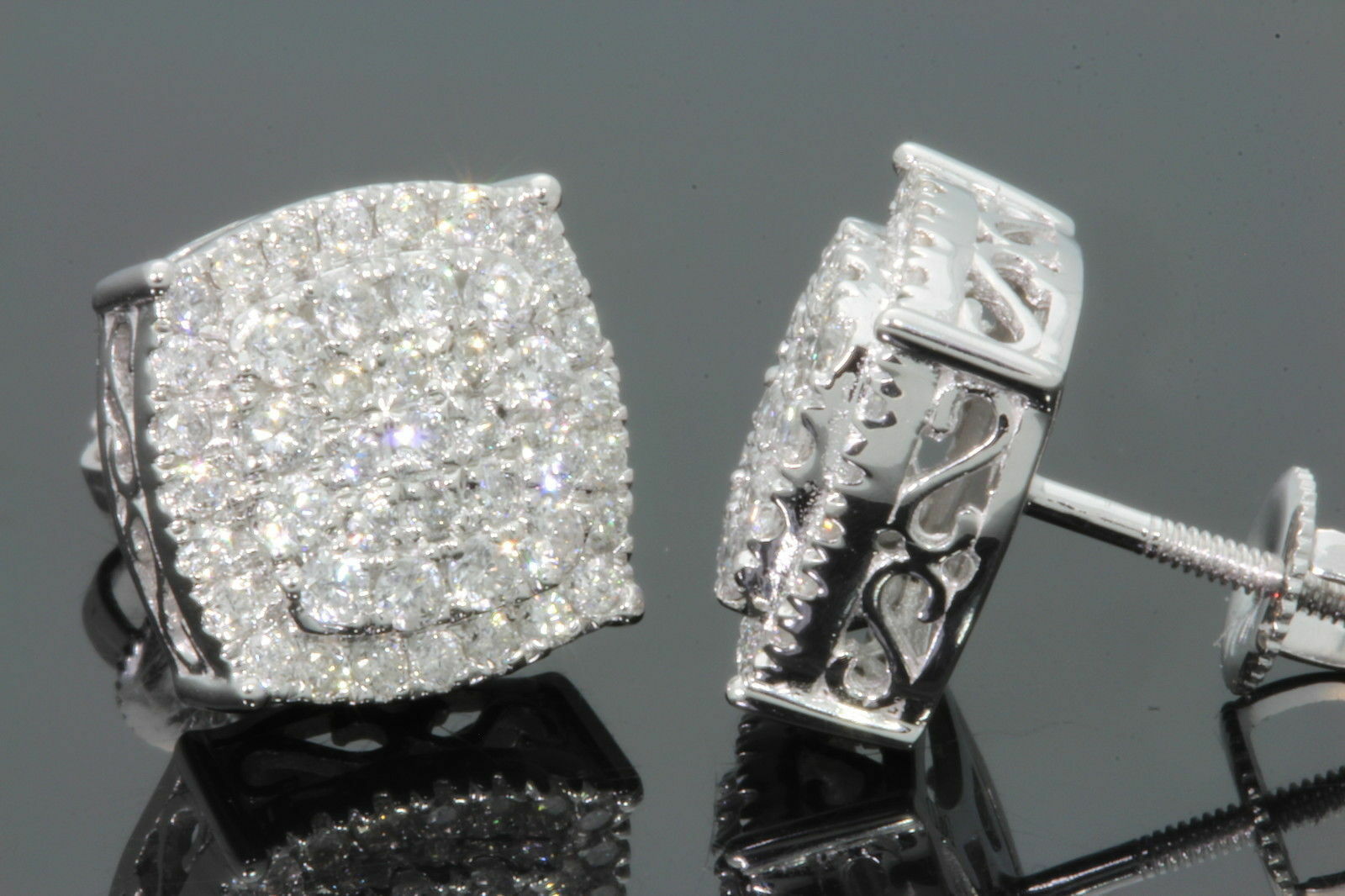 Mens Womens 14K White Gold Over 1.50 Carat D/VVS1 Diamond Cluster Stud Earrings