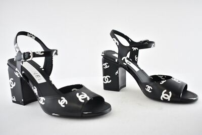 Pre-owned Chanel 22s Black White Print Lambskin Cc Logo Ankle Strap Block Heel Sandal 36.5