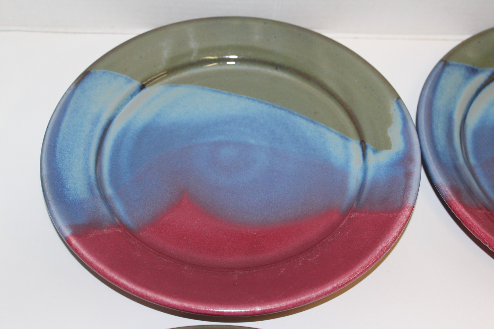 6 STUDIO POTTERY DINNER PLATES CADY CLAY WORKS NC HUNTER GLAZE MAROON BLUE GREEN