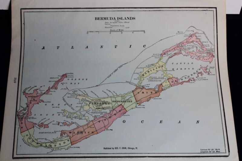 Antique Original Bermuda Islands Map. Circa 1899