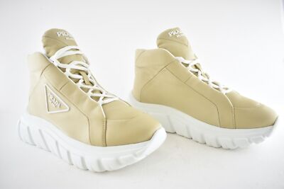 Pre-owned Prada Rush Piuma Nylon Beige White Platform Flat High Top Trainer Sneaker 39.5