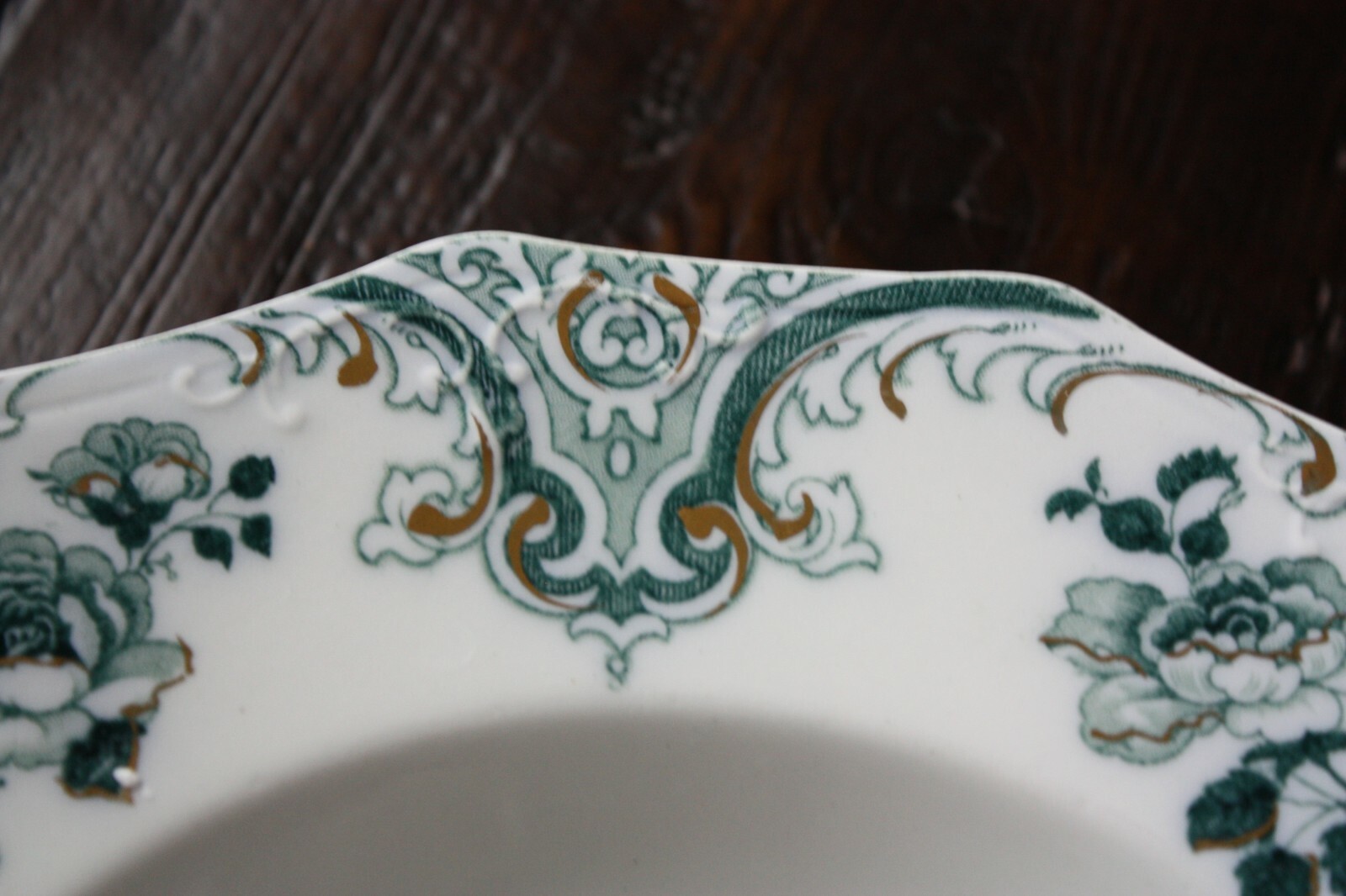 Antique W.H. Grindley MERION 6 Soup Bowls Green Floral Gild Accent 1897   8.75