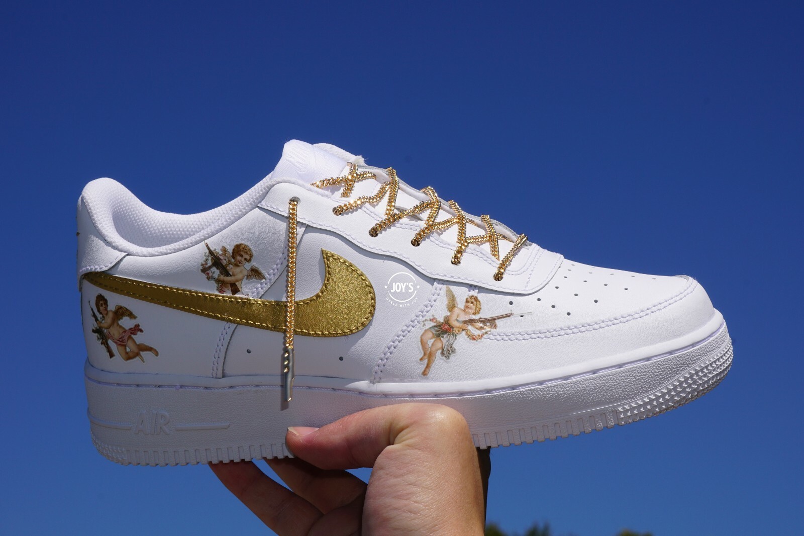 Pre-owned Nike Custom  Air Force 1 Sneakers. Golden Cherub Angels. Golden Chain Laces.