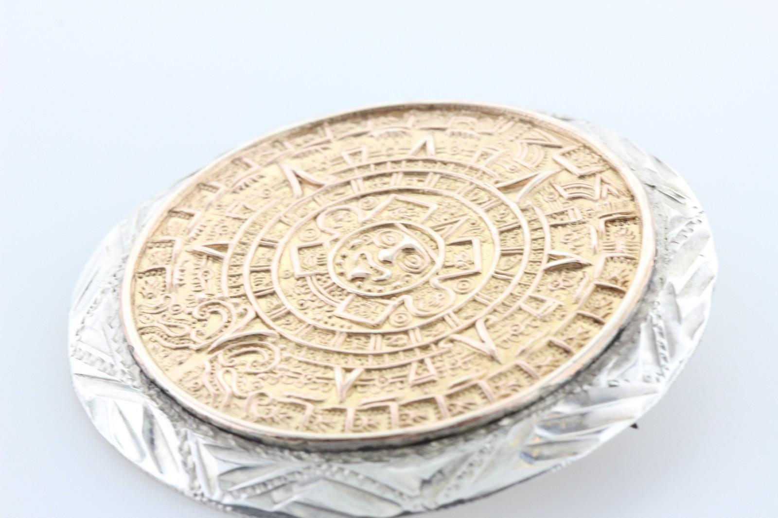 Hecho en Mexico Signed Sterling Silver & Brass Aztec Mayan Calendar Pendant Pin