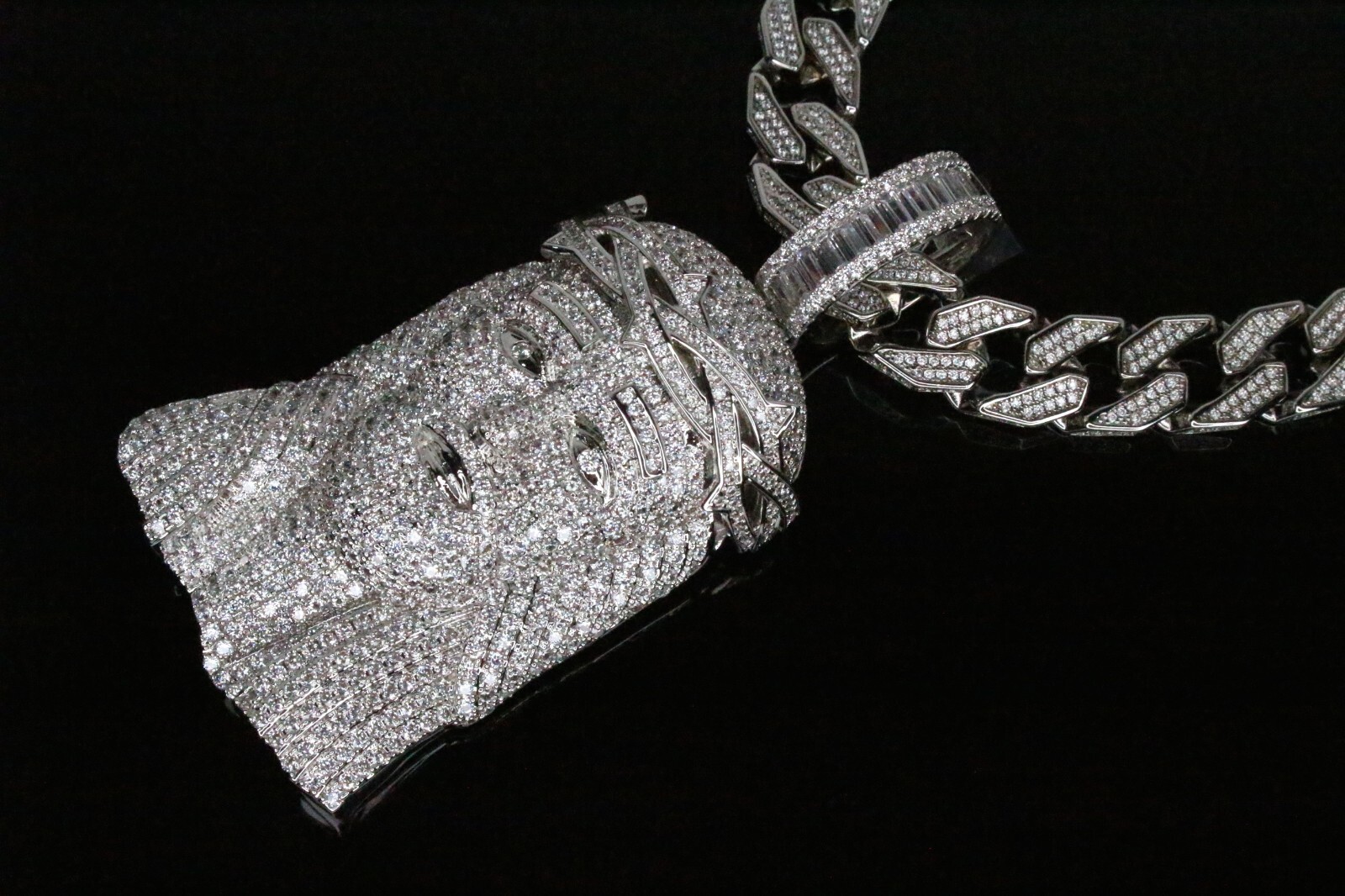 Pre-owned Line Xl Jesus Iced Pendant 12mm Cuban Miami 30ct Vvs1 Lab Simulated Diamonds Chain In White/colorless
