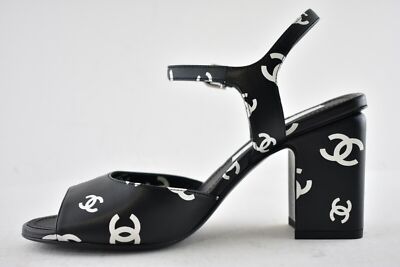 Pre-owned Chanel 22s Black White Print Lambskin Cc Logo Ankle Strap Block Heel Sandal 36.5