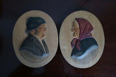 Vintage 1950s Elderly Swiss Couple Pair 2 Wooden Handcrafted Wood Wall Plaques