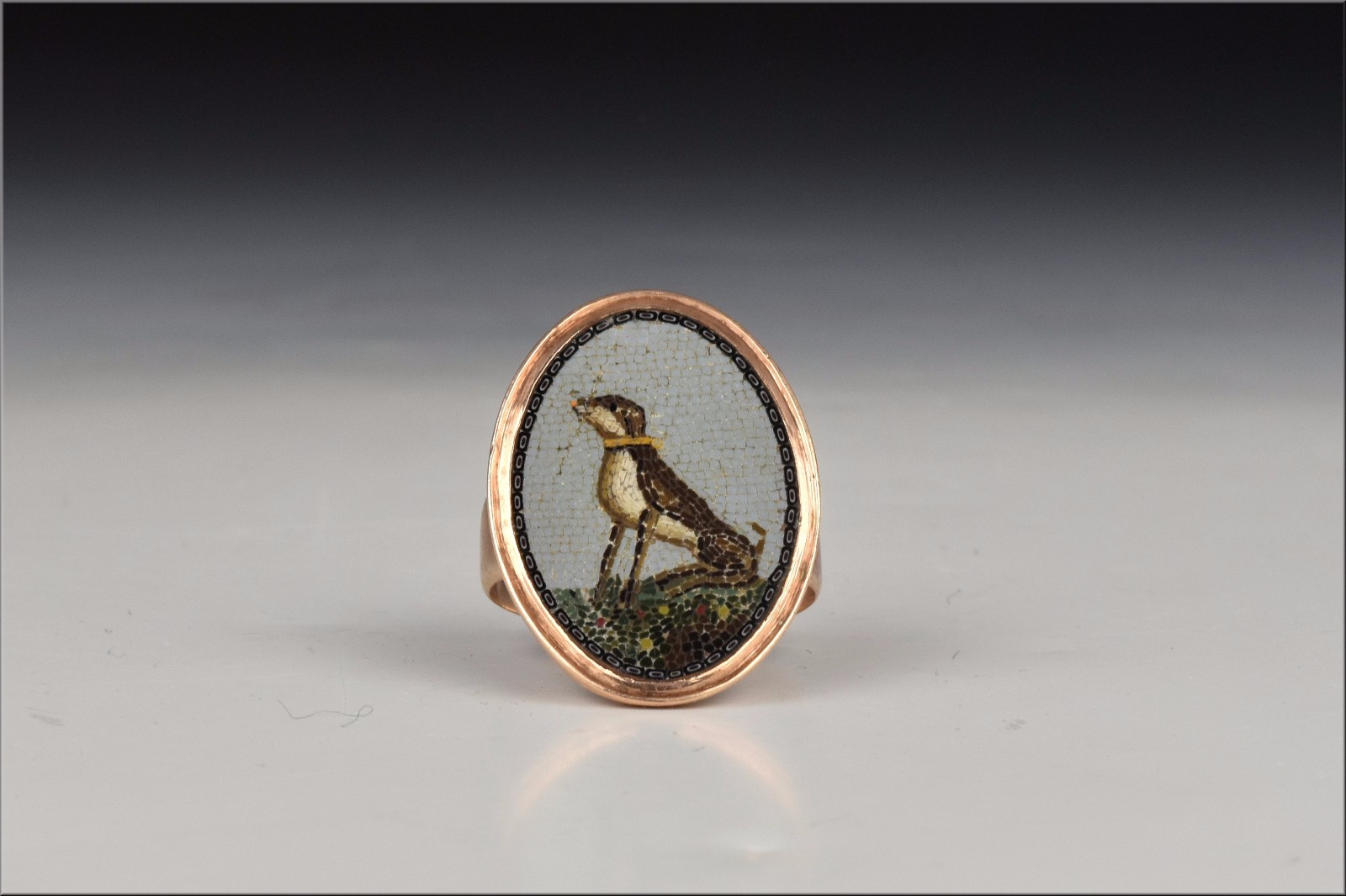 18th Century Rome / Italian Rose Gold Ring w/ Micro Mosaic Dog Plaque