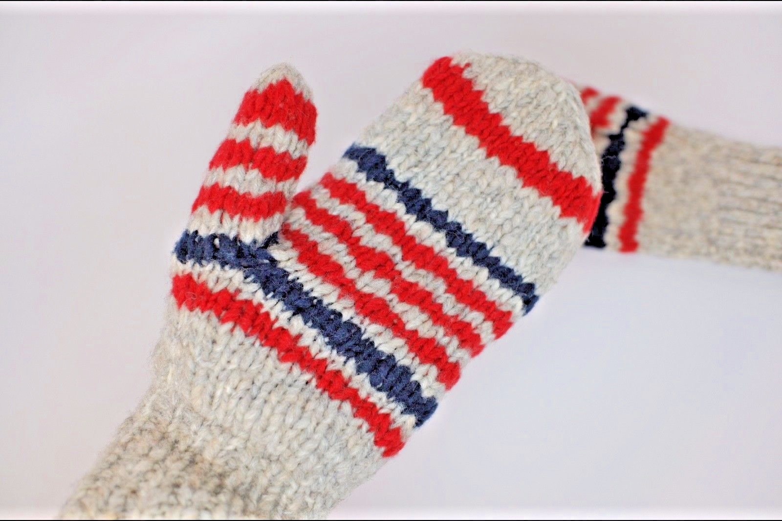 MONCLER Mittens Wool Gloves GRENOBLE Unisex Gray Red Blue Stripes FRANCE
