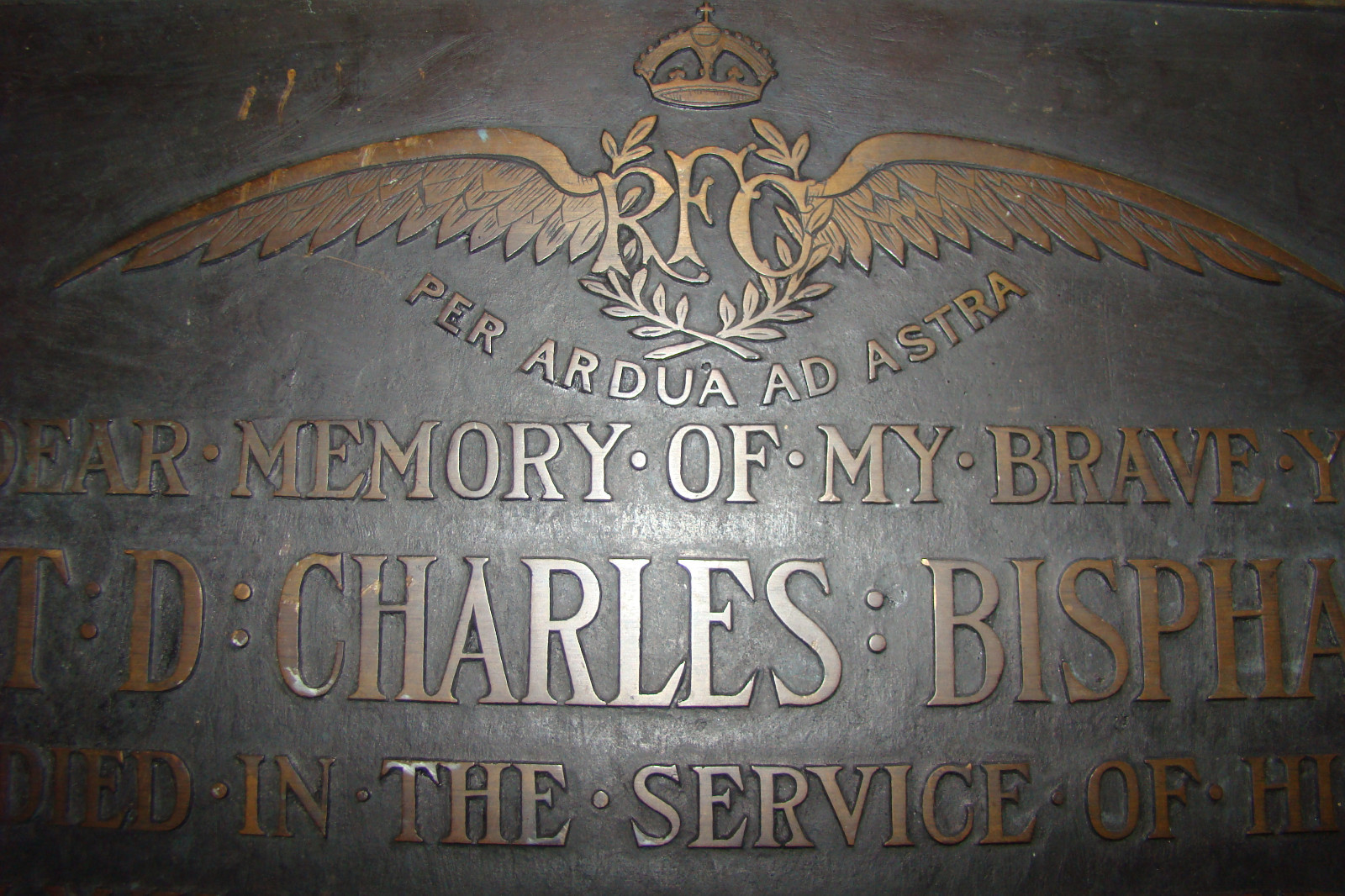 LARGE RFC MEMORIAL PLAQUE TO LT.. BISPHAM, KILLED HENDON 1917