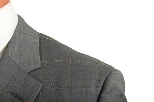 Pre-owned Hugo Boss Men's "t-harvers4/glover3" Slim Fit Plaid Silk Wool Two Button Suit In Gray/gold