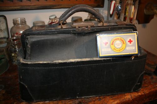 Large Vintage  Leather Doctor Medical Bag & Box Cotton House Calls Great Display