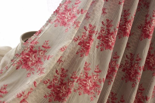 Antique French bed curtain panel 1850 floral pink GRAY grey cotton passementerie