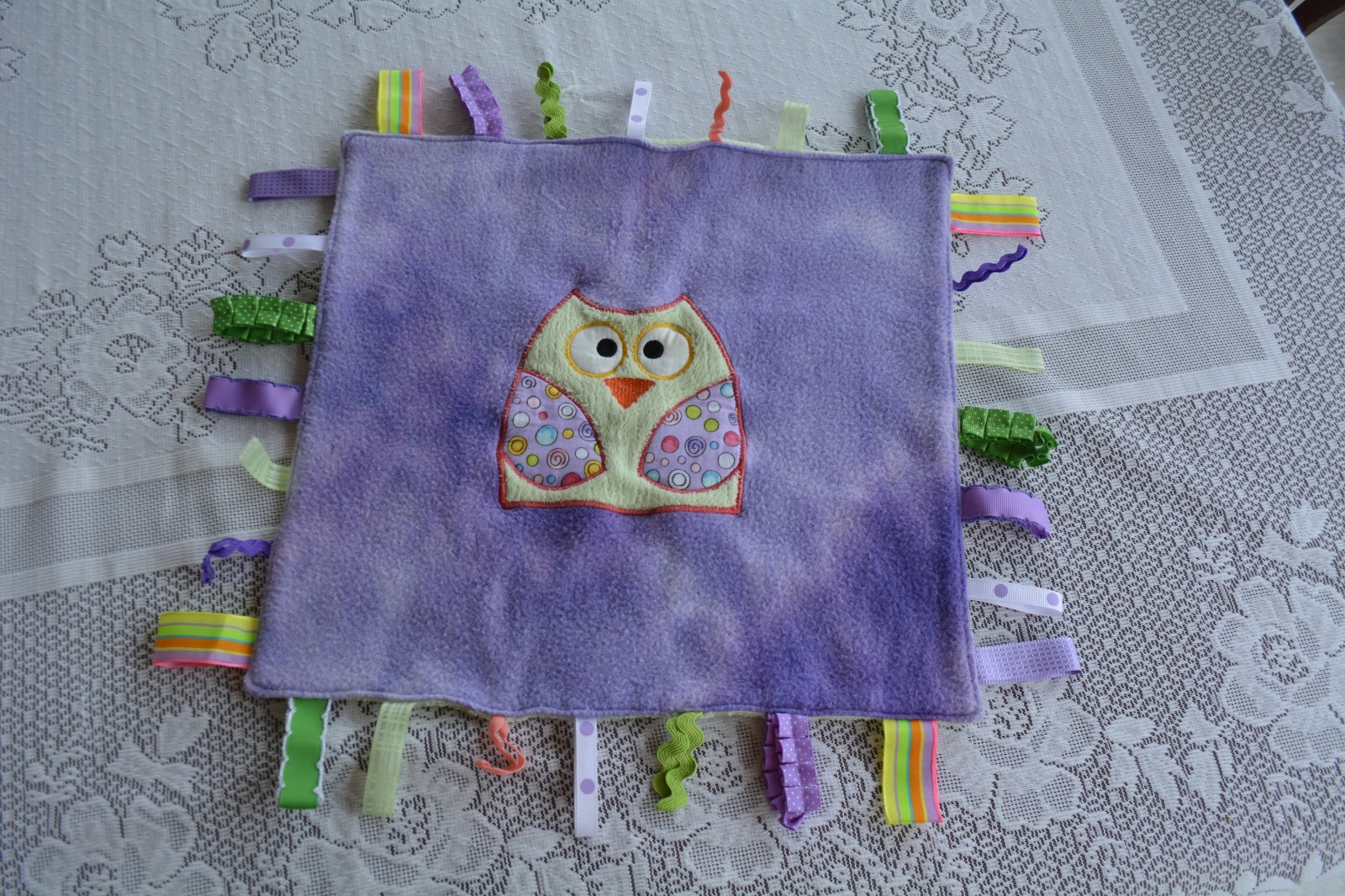 Purple Tye Dye Green Owl Tags Lovey Security Baby Blanket Nunu Minky 12