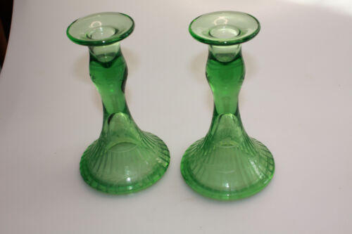 vintage etched light green depression glass candlesticks 7"